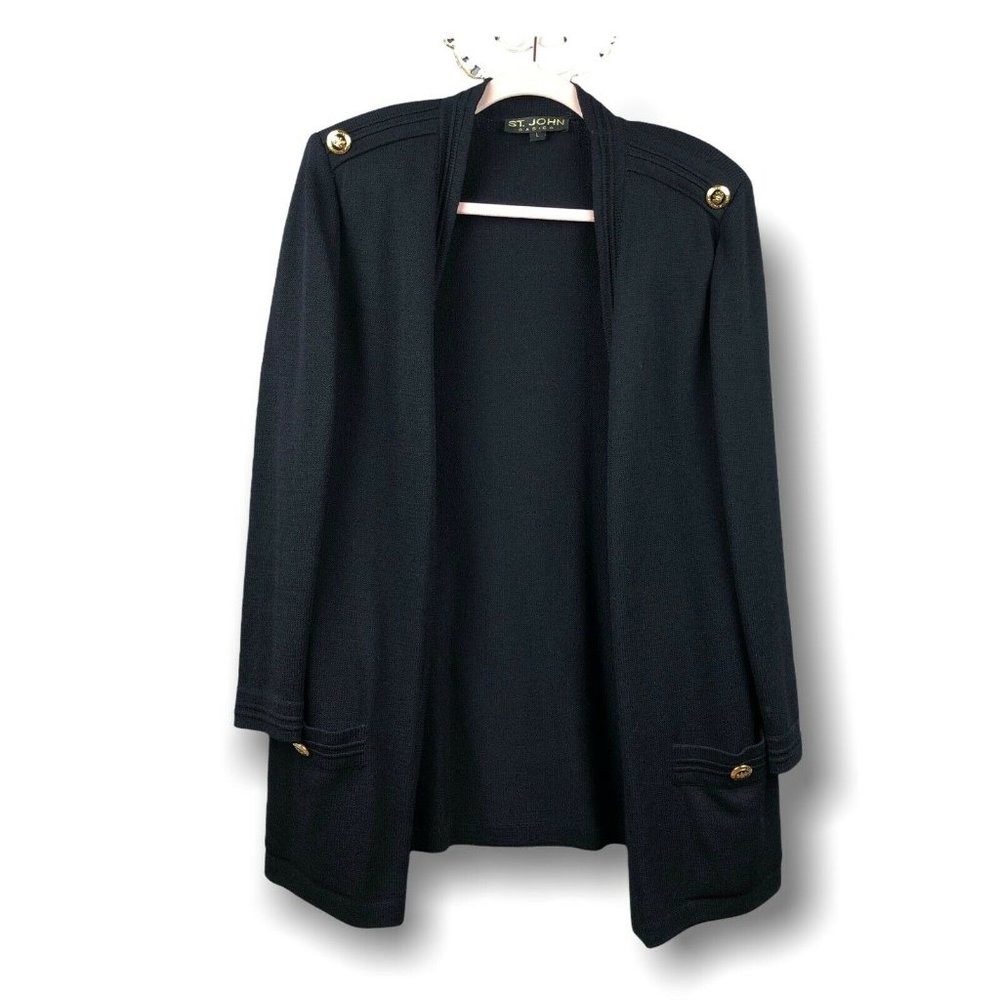 Vintage ST. JOHN Basics Black Santana Knit Cardigan Sweater Jacket Top USA L